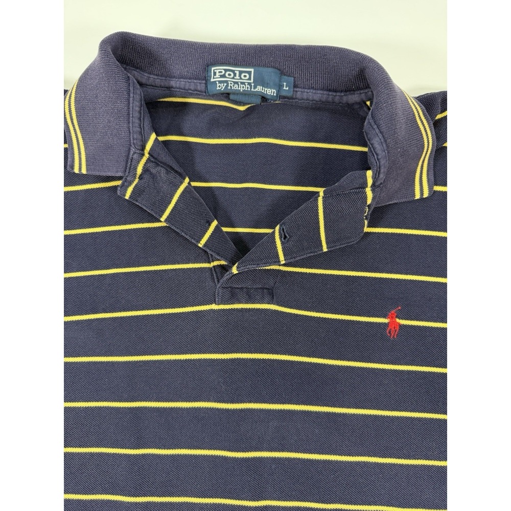 Ralph Lauren Polo Shirt Large Navy Blue Yellow Stripes Red Horse. Preppy VTG